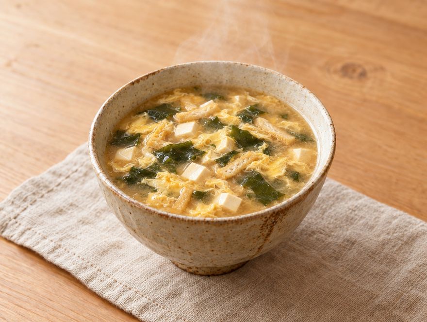 豆腐・わかめ・油揚げ・溶き卵を足した具だくさんの味噌汁のイメージ