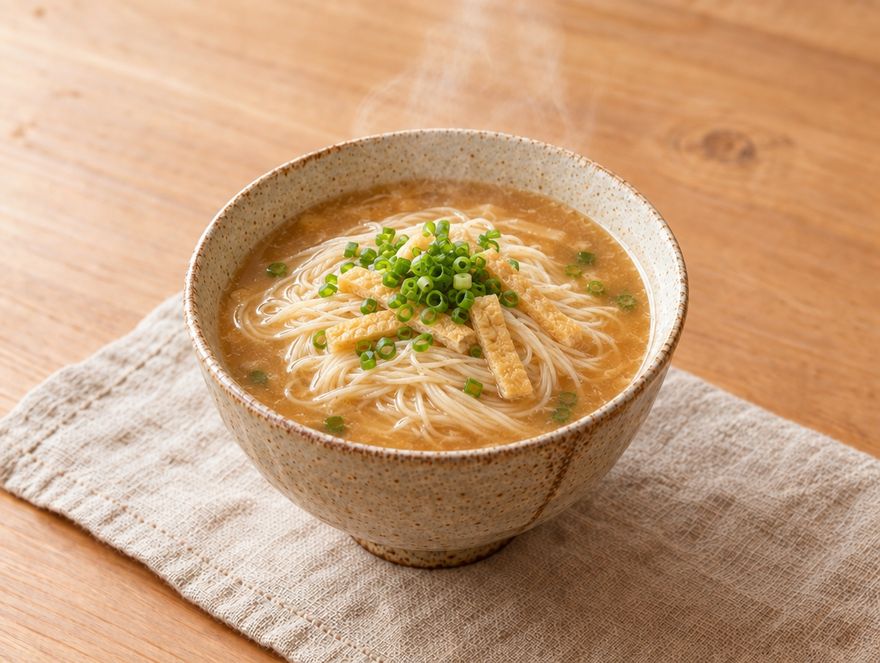 味噌玉のスープで作る、ねぎと油揚げをのせた味噌にゅうめんのイメージ